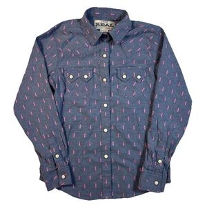 Ariat Real M (10) Girls Western Snap Button Down Blue Pink Cowgirl Tejana